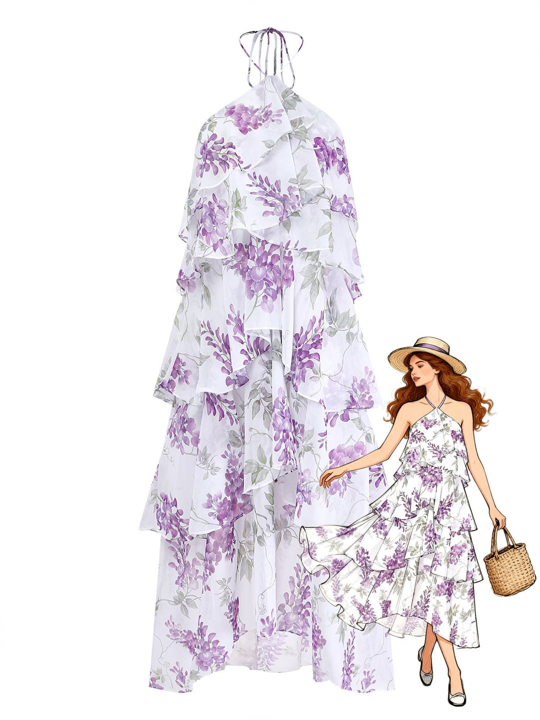 Lavender-1930s-Floral-Halter-Tiered-Ruffled-Dress, vintage, retro, dress