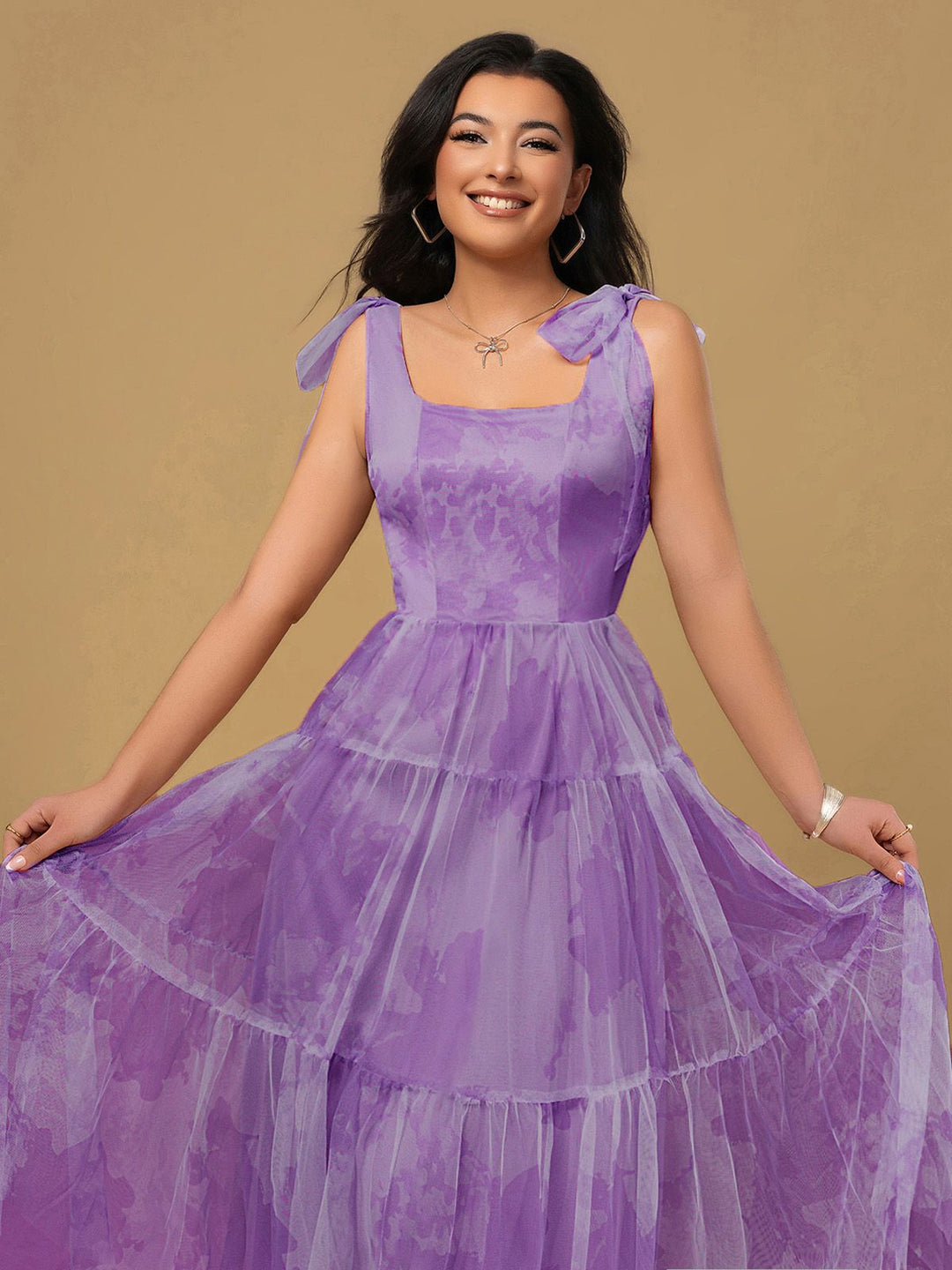 Lavender 1930s Floral Lace-Up Mesh Dress - vintage dress, retro fashion
