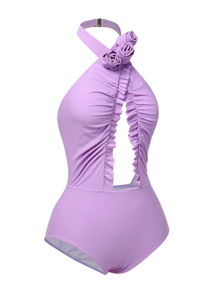Lavender 1940s 3D Flowers Halter One-Piece Swimsuit, vintage swimsuit, pin-up swimwear - perfect for women who love vintage and retro fashion