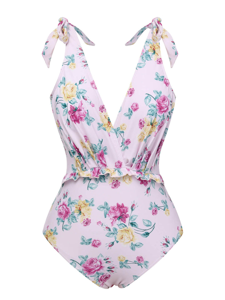 Lavender 1940s Floral Shoulder Tie Swimsuit, vintage swimsuit, pin-up swimwear - perfect for women who love vintage and retro fashion