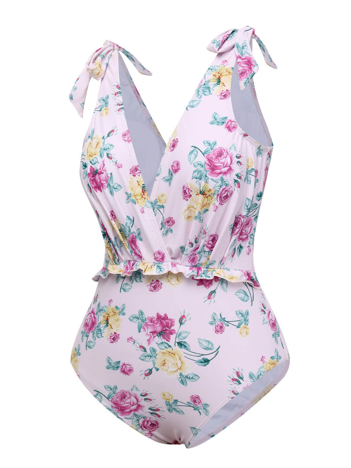 Lavender 1940s Floral Shoulder Tie Swimsuit, vintage swimsuit, pin-up swimwear - perfect for women who love vintage and retro fashion