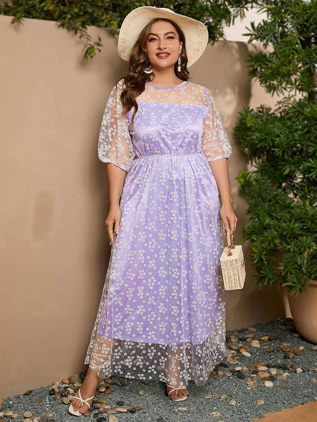 She slips into this Lavender 1950s Mesh Flower Embroidered Dress and suddenly it&