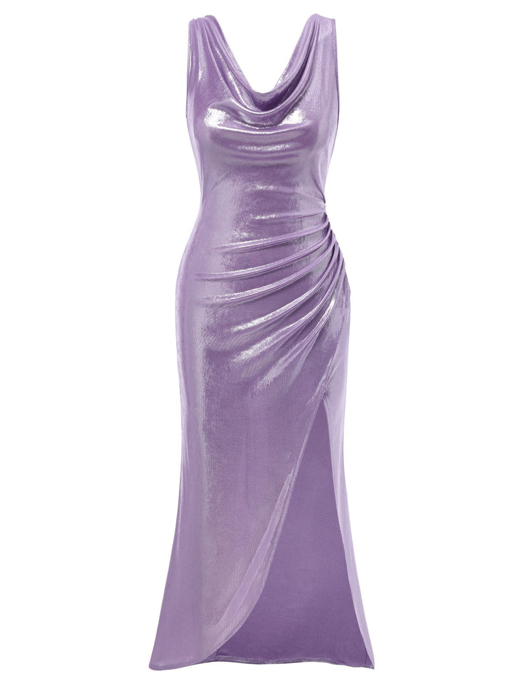 This Lavender 1960s Cowl Neck High-Slit Pearlescent Dress wraps her in 1960s elegance, one twirl at a time