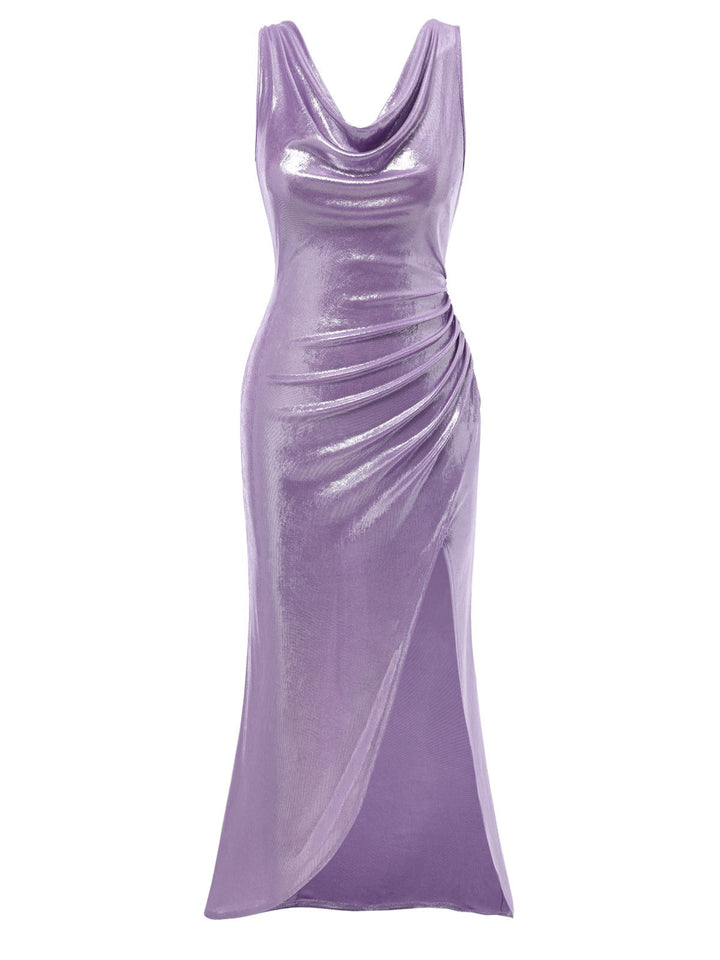 This Lavender 1960s Cowl Neck High-Slit Pearlescent Dress wraps her in 1960s elegance, one twirl at a time