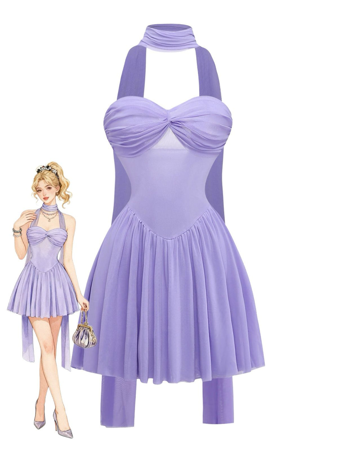 Lavender Strapless Mesh Babydoll Mini Dress with Scarf, vintage dress, retro fashion - perfect for women who love vintage and retro fashion