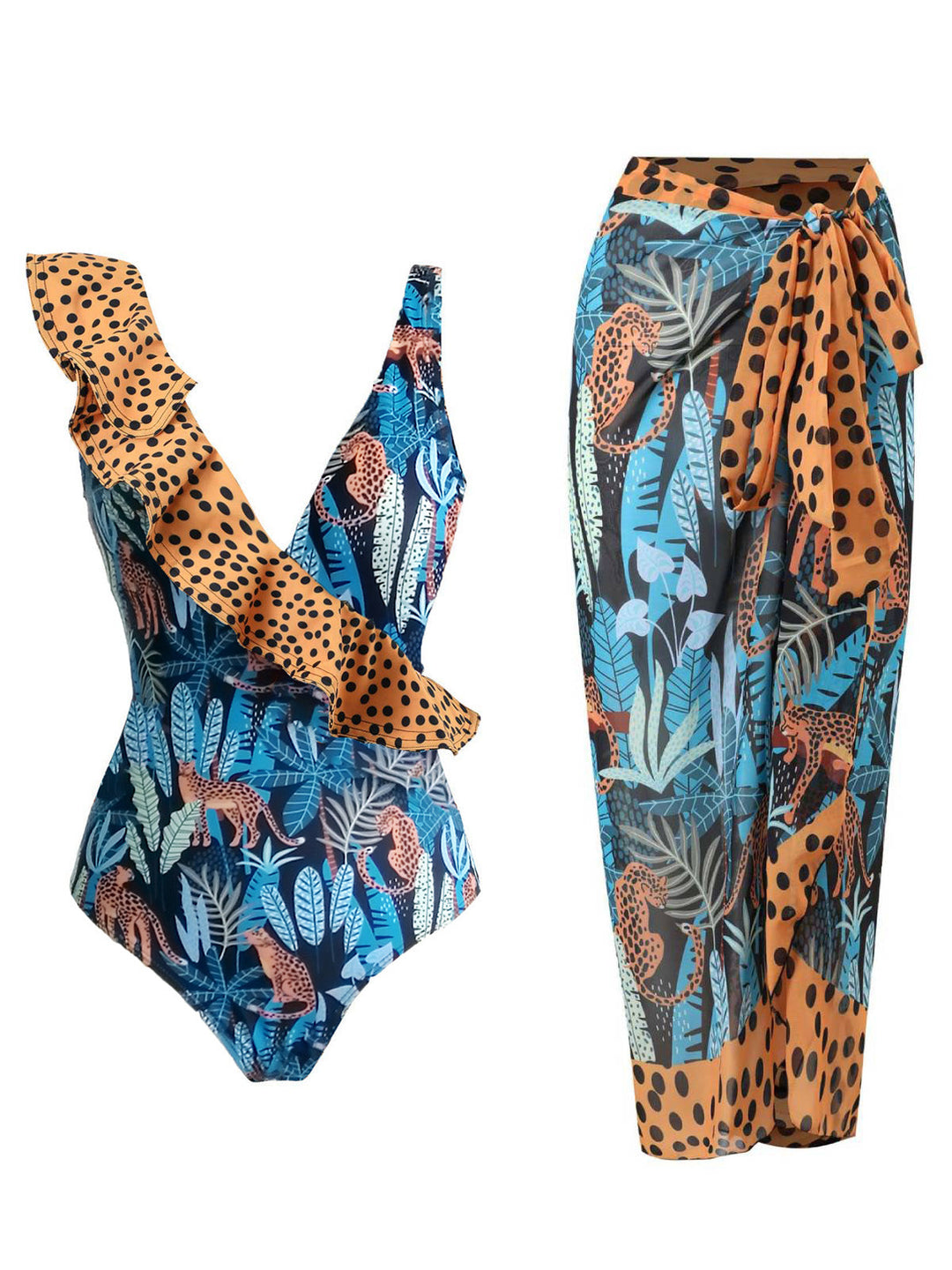 Leopard 1960s Ruffle Polka Dot Swimsuit &amp; Cover-up, vintage swimsuit, pin-up swimwear - perfect for women who love vintage and retro fashion
