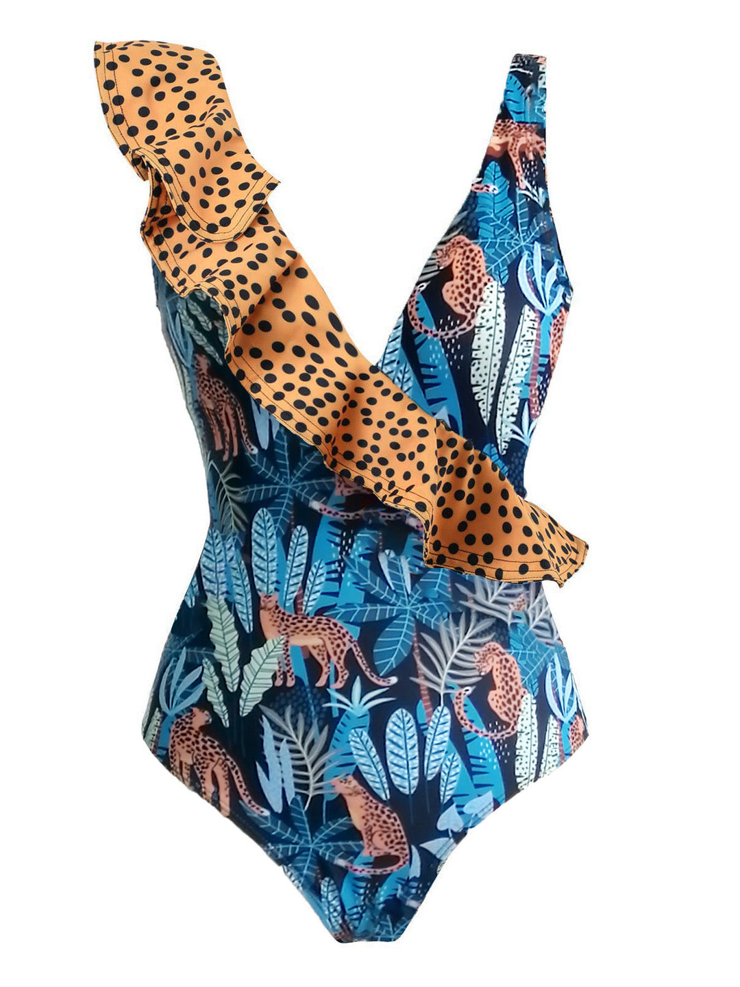 Leopard 1960s Ruffle Polka Dot Swimsuit &amp; Cover-up, vintage swimsuit, pin-up swimwear - perfect for women who love vintage and retro fashion