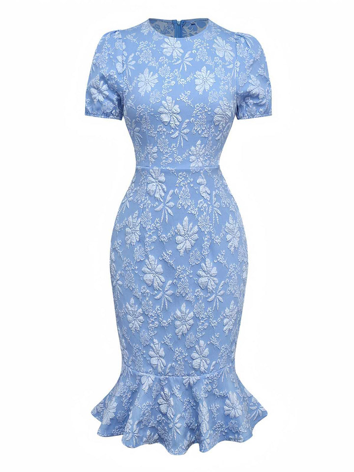 Light Blue 1930s Daisy Puff Sleeve Dress - vintage dress, retro fashion