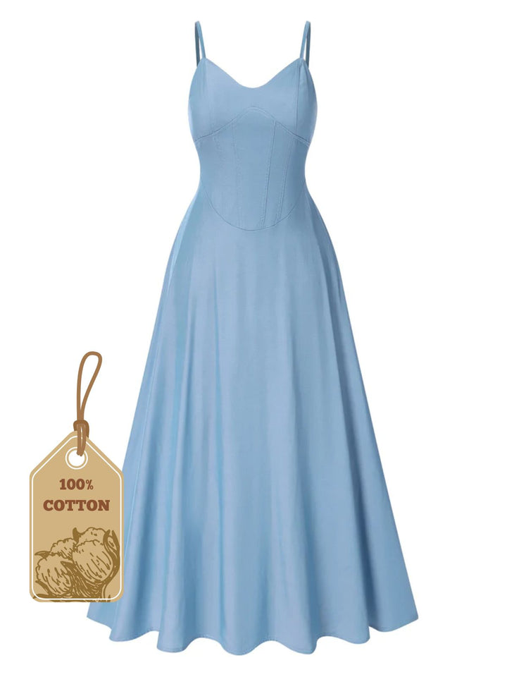 She slips into this Light Blue 1930s Solid Straps Cotton Dress and suddenly it&