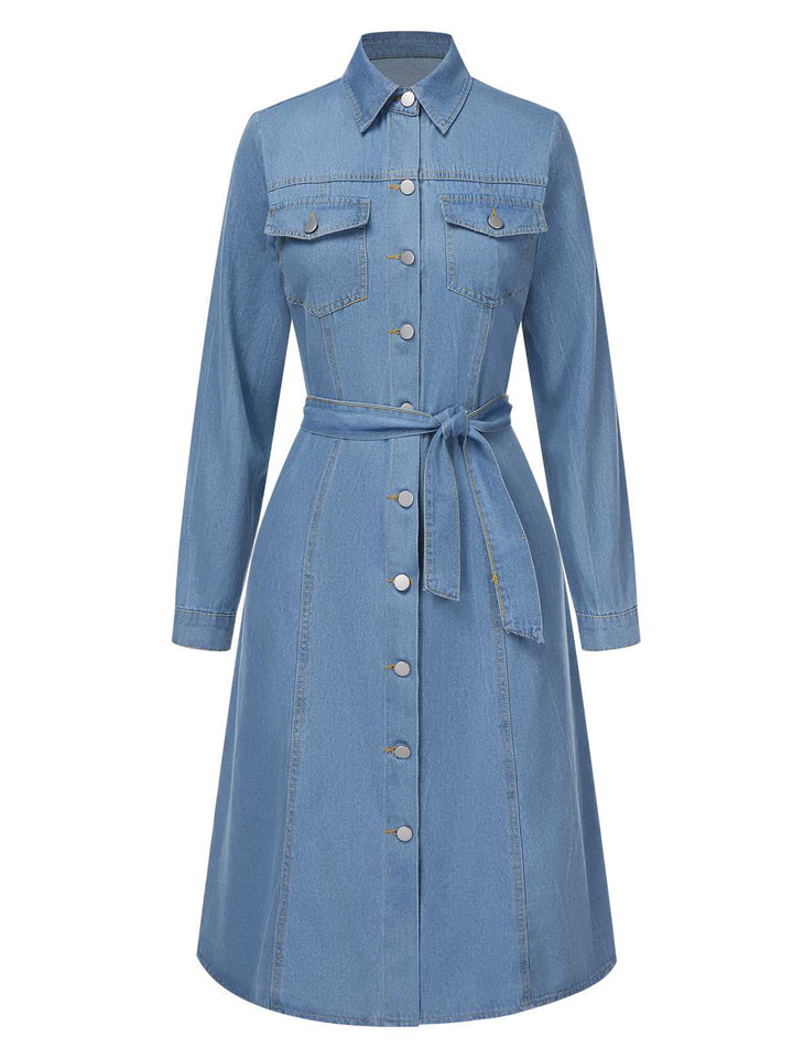She slips into this Light Blue 1940s Lapel Denim Belted Dress and suddenly it&