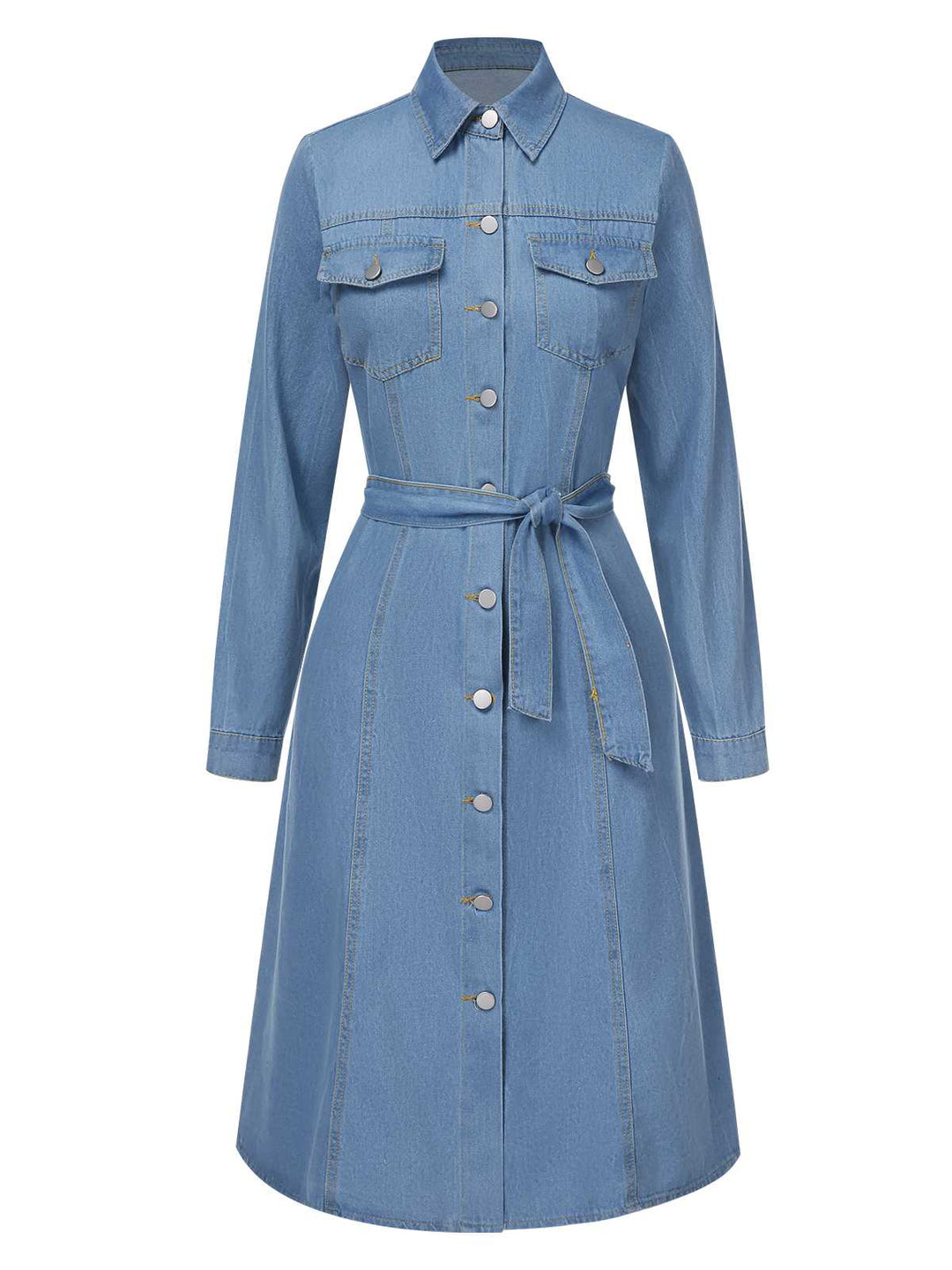 She slips into this Light Blue 1940s Lapel Denim Belted Dress and suddenly it&