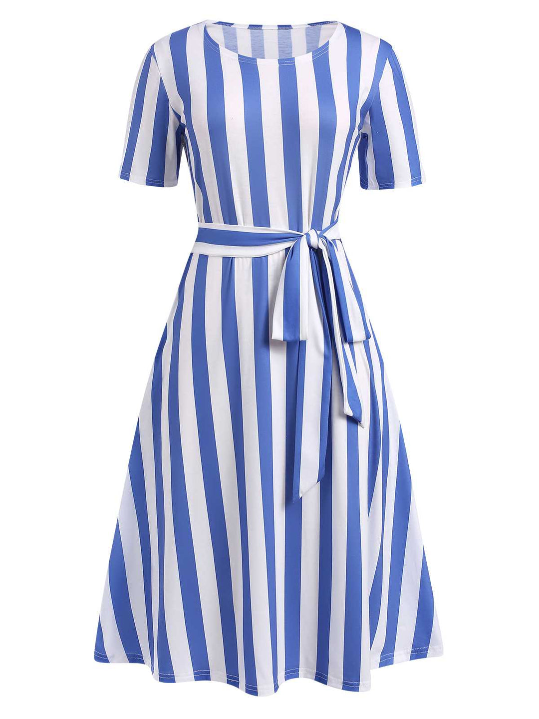 She slips into this Light Blue 1940s Nautical Striped Belted Dress and suddenly it&