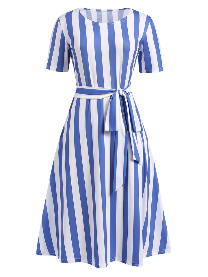 She slips into this Light Blue 1940s Nautical Striped Belted Dress and suddenly it&