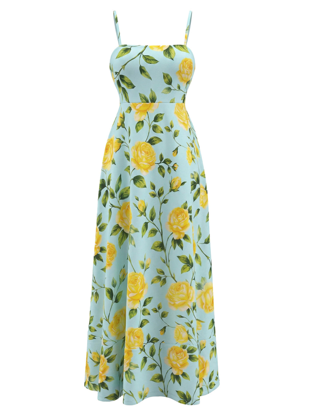 Light Blue 1940s Yellow Rose Floral Spaghetti Strap Midi Dress, vintage dress, retro fashion, floral print - perfect for women who love vintage and retro fashion