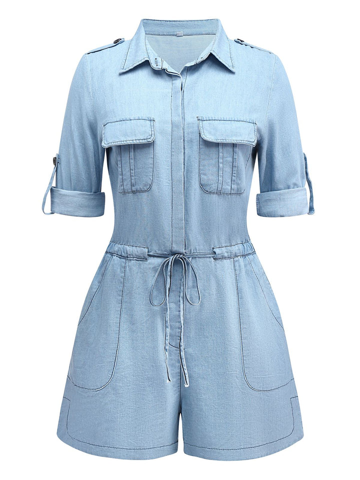 Light Blue 1950s Denim Button Lapel Romper - vintage jumpsuit, retro fashion