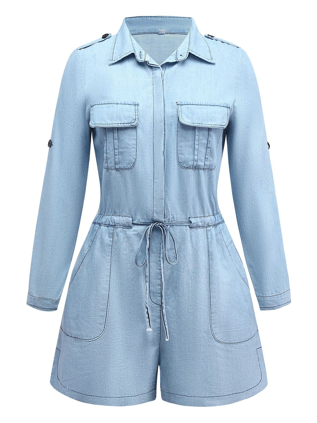 Light Blue 1950s Denim Button Lapel Romper - vintage jumpsuit, retro fashion