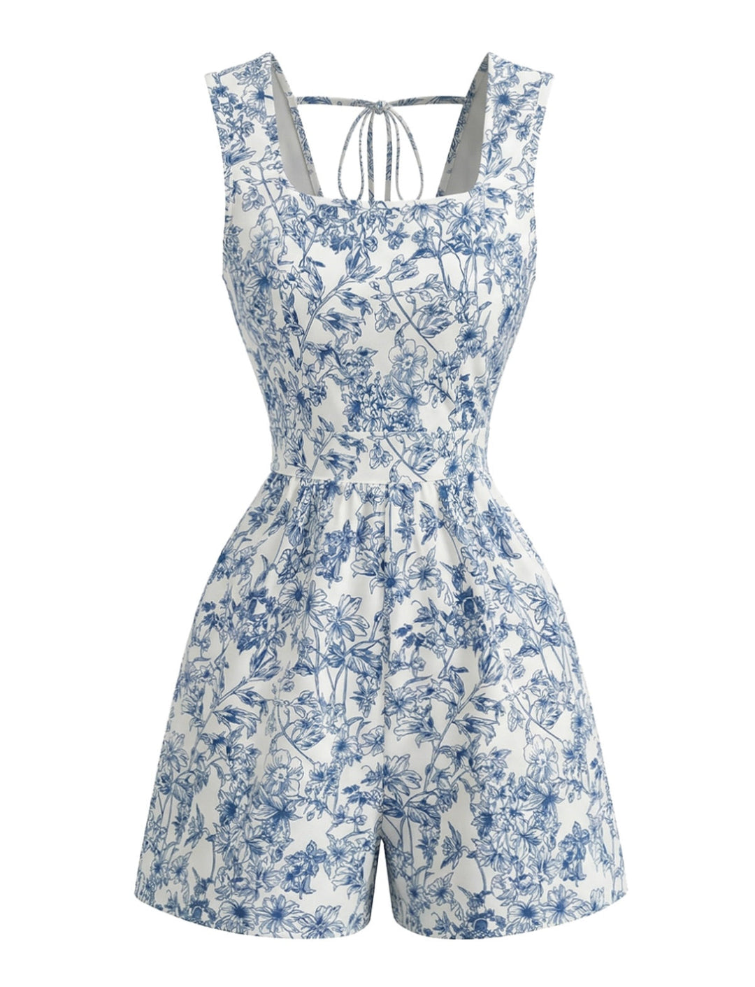 Blue 1950s Floral Square Neck Sleeveless Romper - vintage romper, retro jumpsuit for vintage lovers