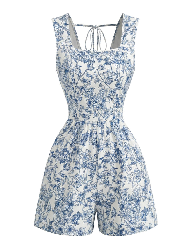 Blue 1950s Floral Square Neck Sleeveless Romper - vintage romper, retro jumpsuit for vintage lovers
