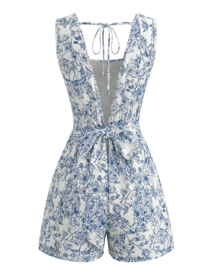 Blue 1950s Floral Square Neck Sleeveless Romper - vintage romper, retro jumpsuit for vintage lovers