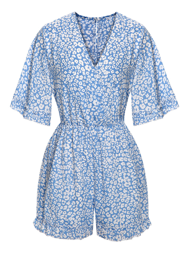She finds her 1950s story in this Light Blue 1950s Leopard V-Neck Flounce Sleeve Romper