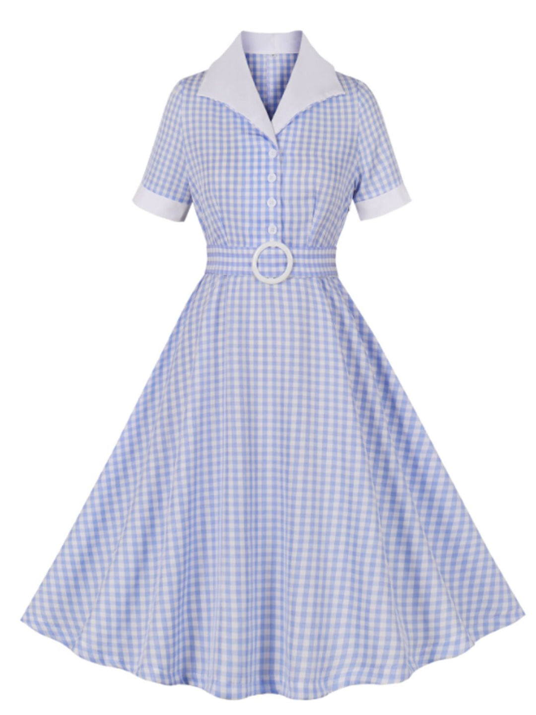 She slips into this Light Blue 1950s Plaid Belt Lapel Dress and suddenly it&