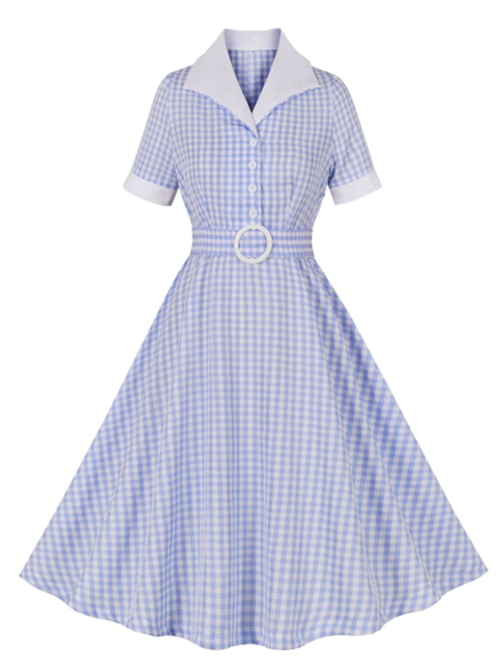 She slips into this Light Blue 1950s Plaid Belt Lapel Dress and suddenly it&