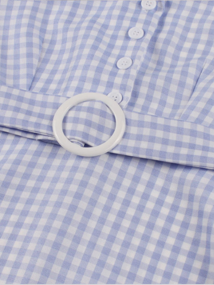 Light Blue 1950s Plaid Belt Lapel Dress — a 1950s silhouette that turns sidewalks into runways