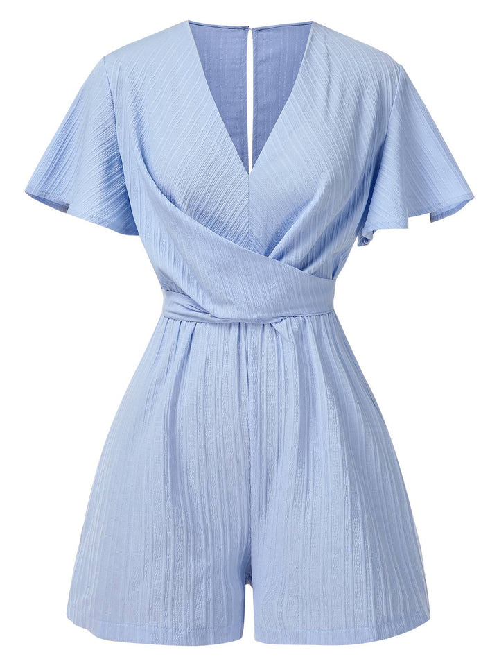 Light Blue 1950s Textured Flare Sleeve Romper, vintage romper, retro jumpsuit - perfect for women who love vintage and retro fashion