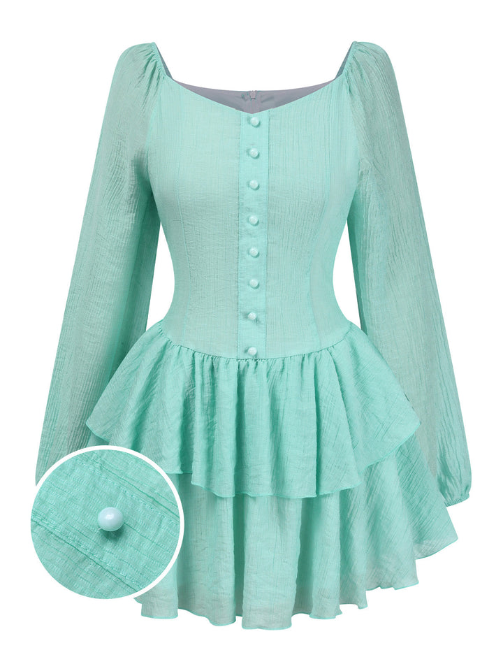 She slips into this Light Blue 1960s Solid Layered Hem Chiffon Dress and suddenly it&
