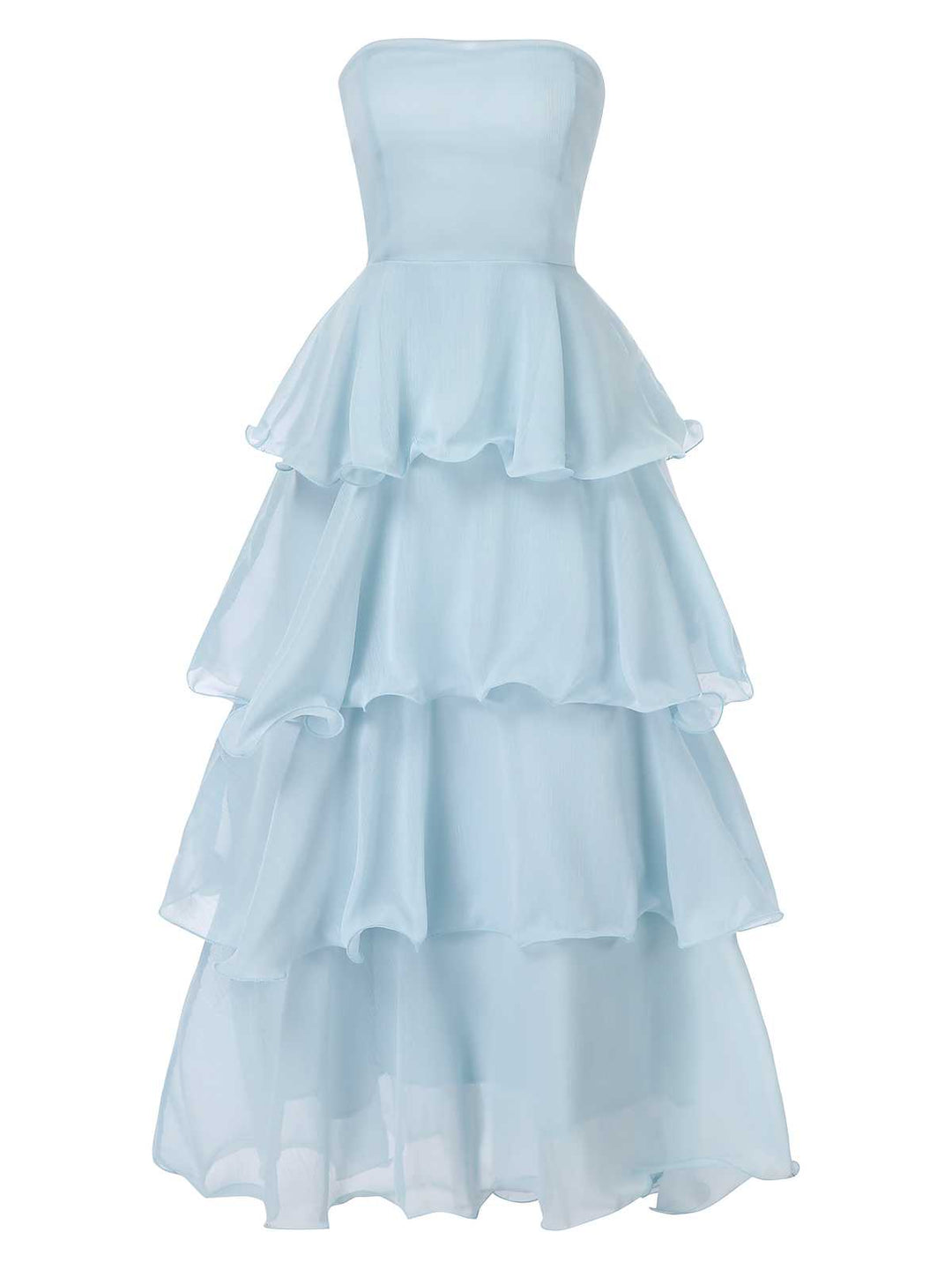 She slips into this Light Blue 1970s Strapless Layered Ruffles Dress and suddenly it&