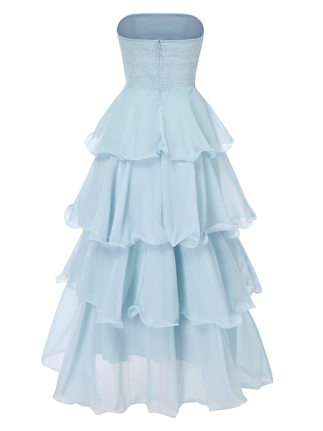 Light Blue 1970s Strapless Layered Ruffles Dress: where 1970s romance meets her modern spirit