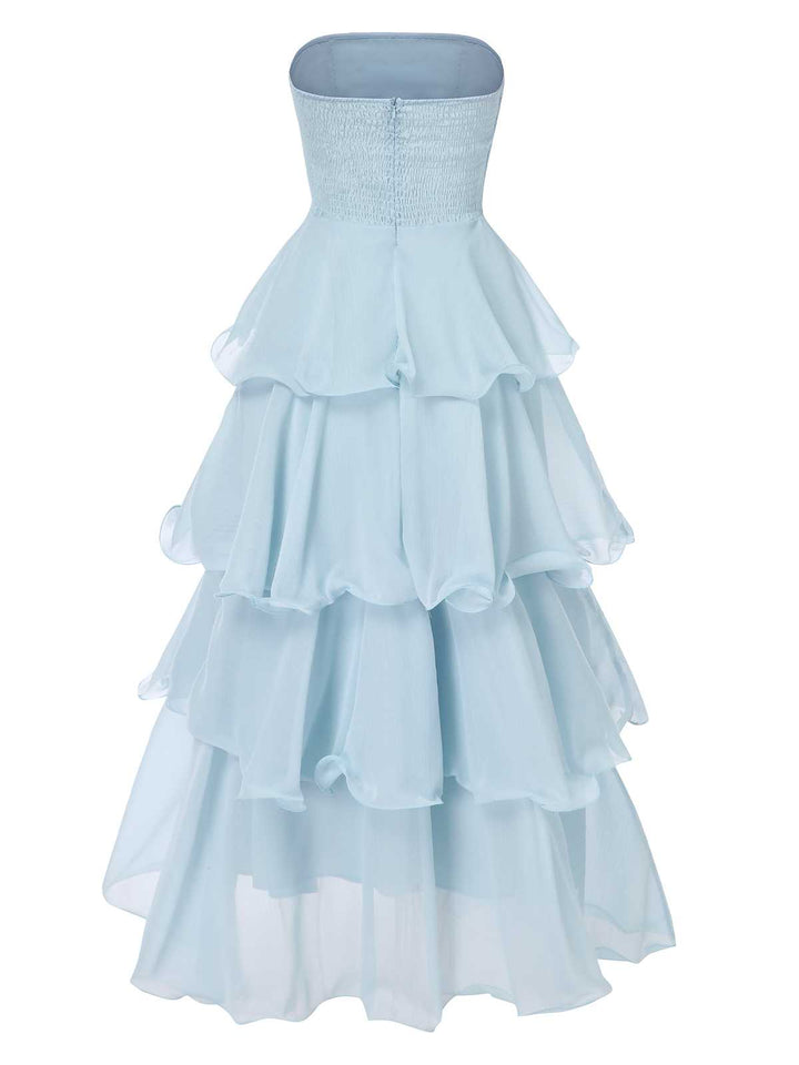 Light Blue 1970s Strapless Layered Ruffles Dress: where 1970s romance meets her modern spirit