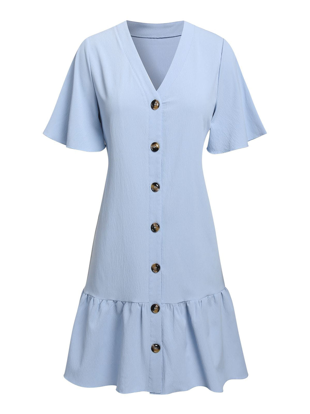 She slips into this Light Blue 1970s V-Neck Ruffle Hem Dress and suddenly it&