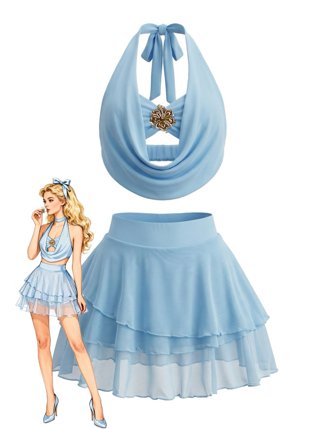 Light Blue Halter Backless Layered Skirt 2PCS, vintage skirt, retro style - perfect for women who love vintage and retro fashion