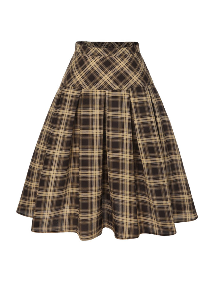 2PCS 1950s Beige Knitted Top &amp; Plaid Pleated Skirt — 1950s jazz-age spirit for her morning coffee