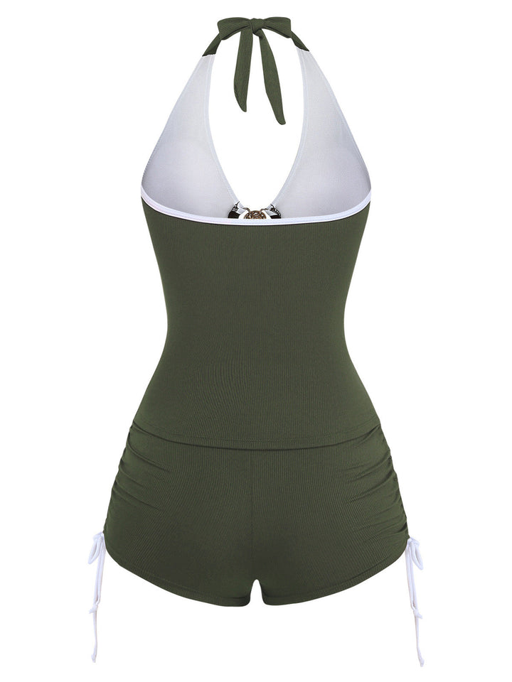 [Pre-Sale] Light Coffee Sleeveless Drawstring Shorts Bikini Set, vintage swimsuit, swimwear - perfect for women who love vintage and retro fashion