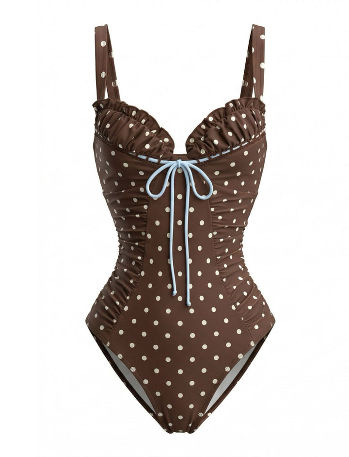 [Pre-Sale] Light Coffee Polka Dot Colorblock Swimsuit, vintage swimsuit, swimwear - perfect for women who love vintage and retro fashion