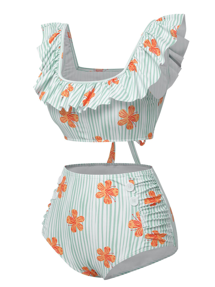 Light Green 1950s Floral Stripe Ruffle Swimsuit, vintage swimsuit, pin-up swimwear - perfect for women who love vintage and retro fashion