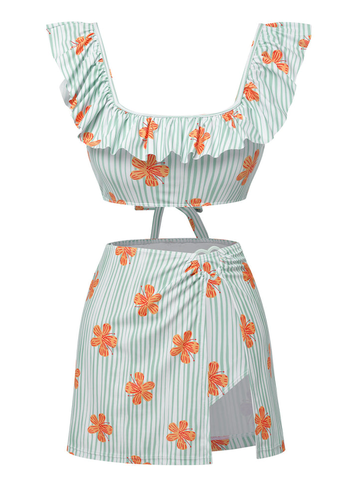 Light Green 1950s Floral Stripe Swimsuit &amp; Skirt Cover-Up: 1950s Riviera elegance, reimagined for her