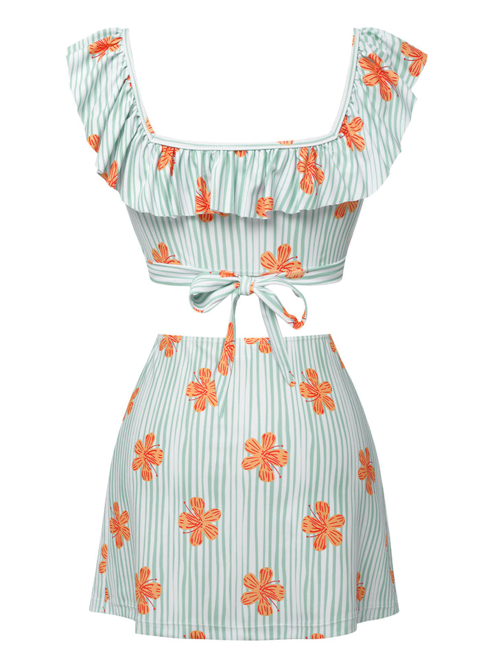Light Green 1950s Floral Stripe Swimsuit &amp; Skirt Cover-Up — because 1950s glamour never goes out of style