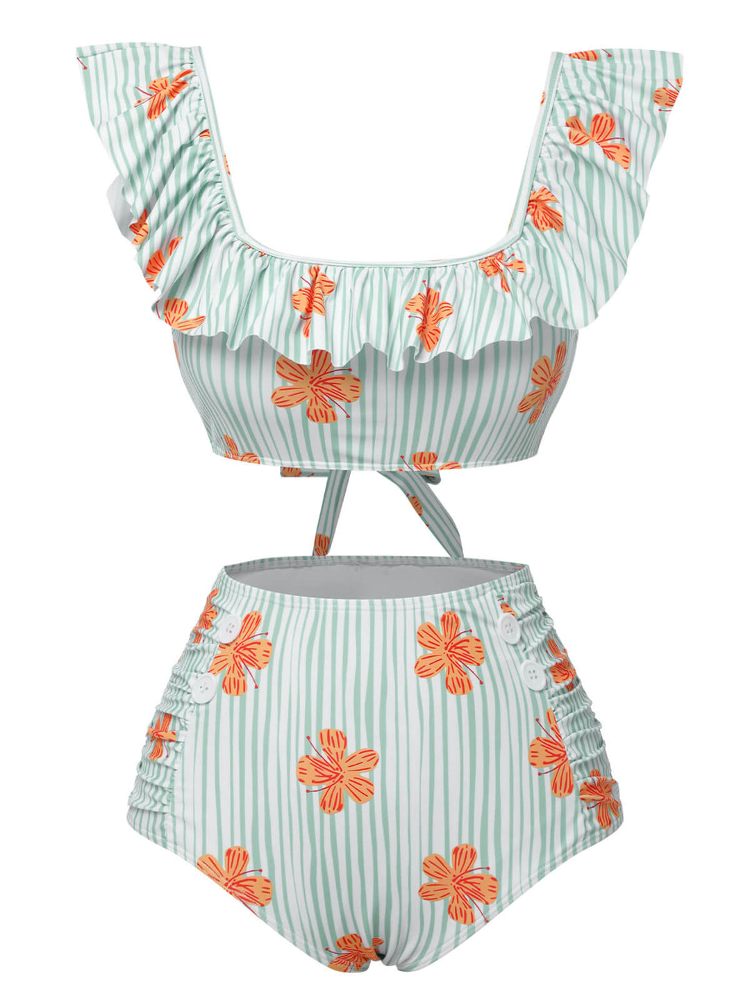 Light Green 1950s Floral Stripe Swimsuit &amp; Skirt Cover-Up — 1950s poolside glamour meets sun-drenched confidence