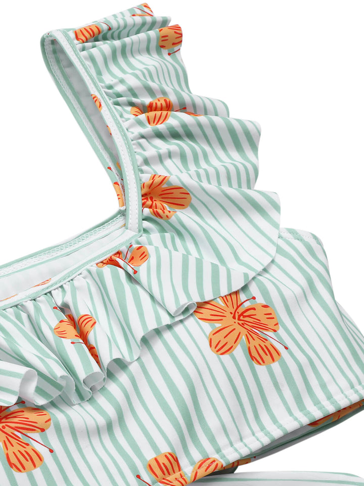 Light Green 1950s Floral Stripe Swimsuit &amp; Skirt Cover-Up: 1950s Riviera elegance, reimagined for her
