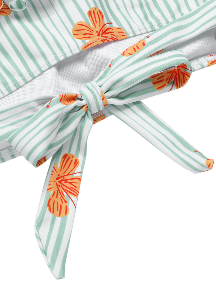 This Light Green 1950s Floral Stripe Swimsuit &amp; Skirt Cover-Up carries 1950s vacation dreams in every stitch