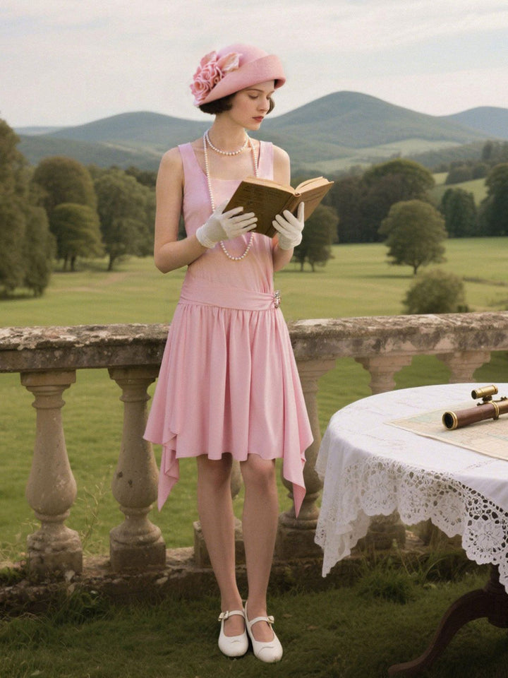 Light Pink 1920s Satin Square Neck Back Bow Dress - vintage dress, retro fashion, Gatsby party