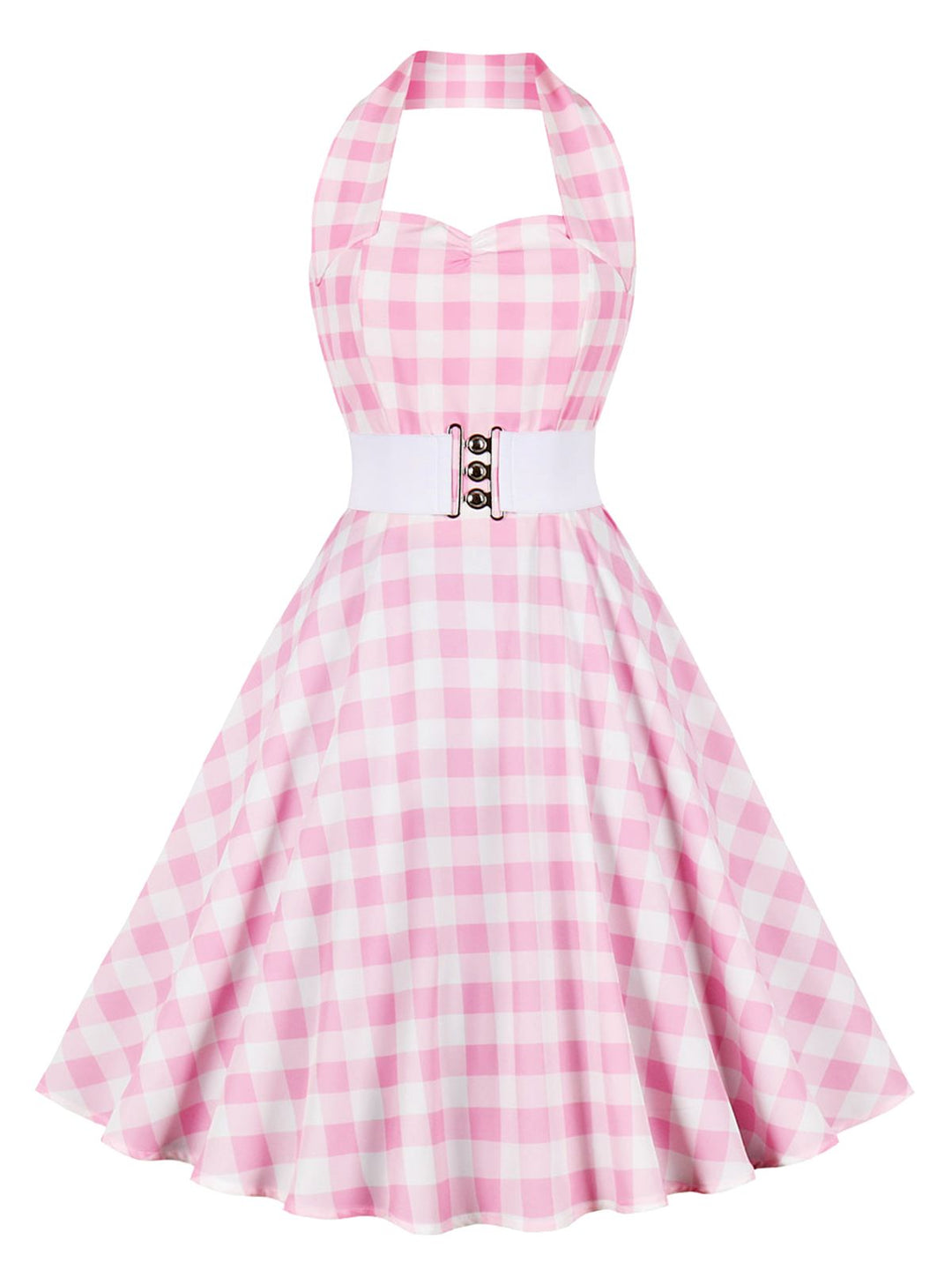 She slips into this Light Pink 1950s Halter Plaids Belted Dress and suddenly it&