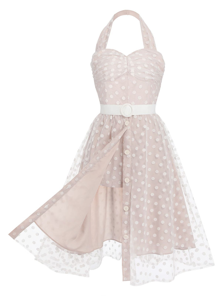 Light Pink 1950s Halter Romper &amp; Polka Dots Skirt — vintage elegance for the modern woman