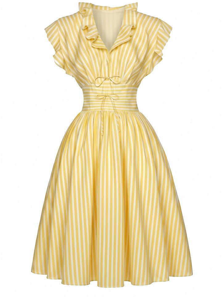 [Pre-Sale] Light Yellow 1950s Stripe Ruffle Collar Tie Waist Dress, vintage dress, retro fashion, rockabilly, pin-up fashion - perfect for women who love vintage and retro fashion