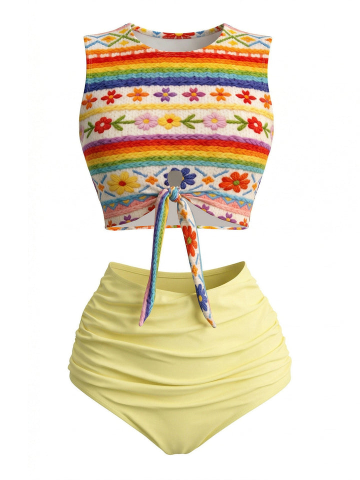 [Pre-Sale] Light Yellow 1960s Rainbow Floral Faux Knit Bikini Set, vintage swimsuit, pin-up swimwear - perfect for women who love vintage and retro fashion