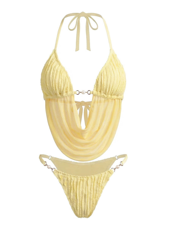 Light Yellow 1980s Sheer Halter Ruched Bikini Set: beautiful vintage swimwear, retro swimsuit, pin-up style with timeless appeal