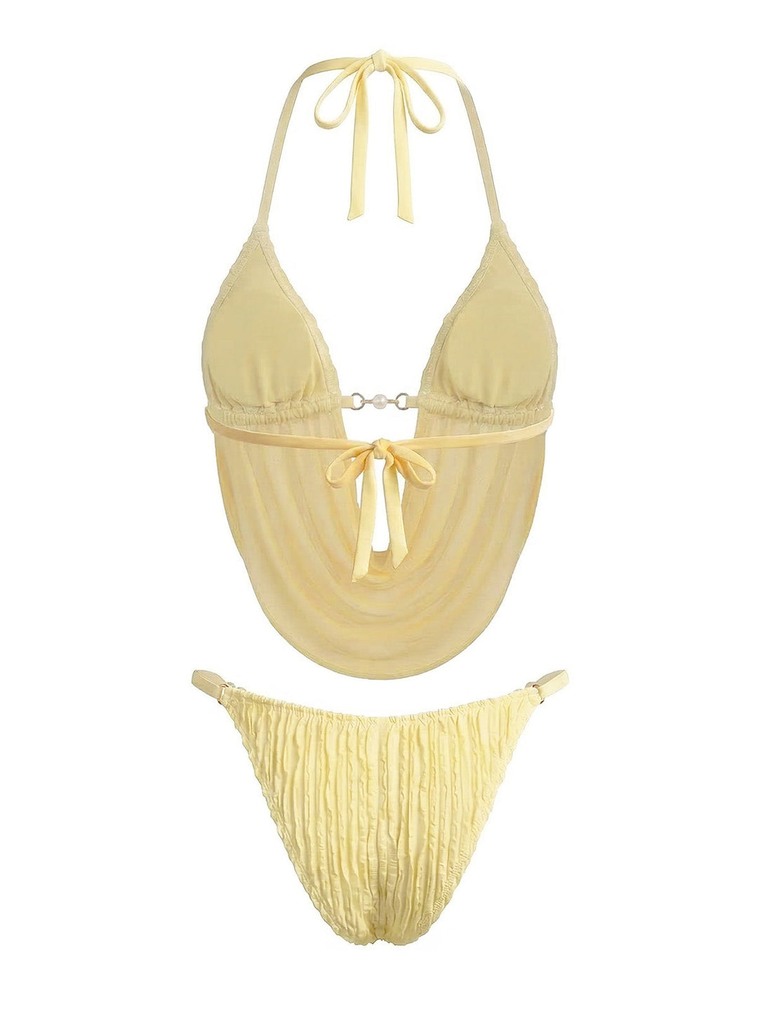 Light Yellow 1980s Sheer Halter Ruched Bikini Set | vintage swimwear, retro swimsuit, pin-up style - perfect for retro fashion enthusiasts